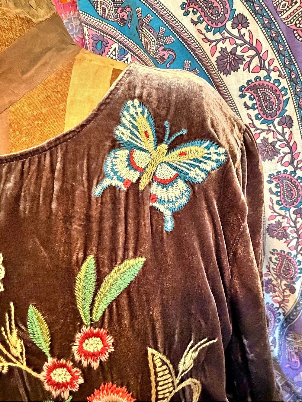 JOHNNY WAS Embroidered Velvet Maxi Dress Brown Large Like New - Picture 4 of 10